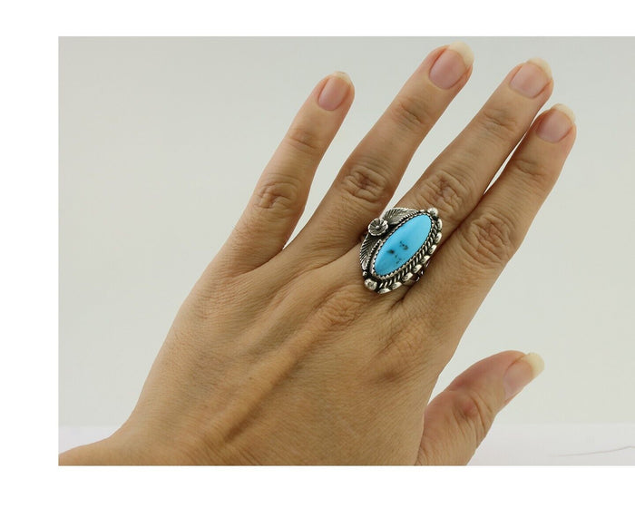 Navajo Ring 925 Silver Sleeping Beauty Turquoise Artist Signed SC C.80's