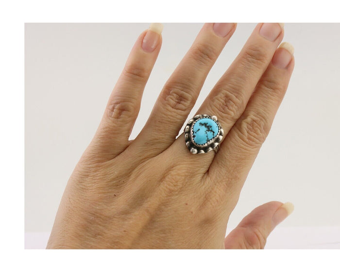 Navajo Ring 925 Silver Sleeping Beauty Turquoise Artist Signed SC C.80's