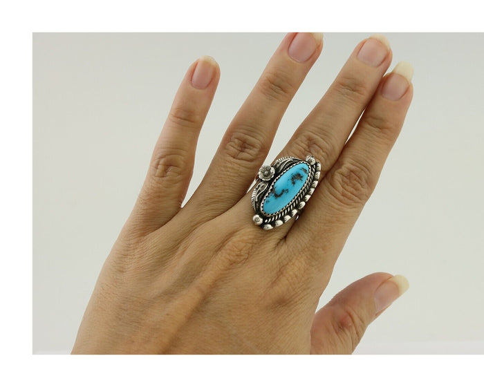 Navajo Ring 925 Silver Sleeping Beauty Turquoise Artist Signed SC C.80's