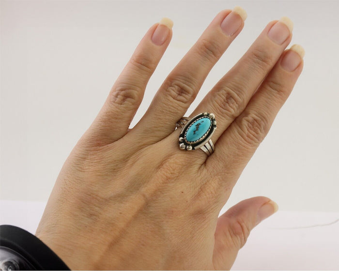 Navajo Ring 925 Silver Sleeping Beauty Turquoise Artist Signed SC C.80's