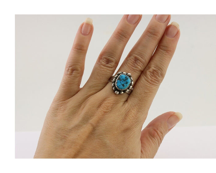 Navajo Ring 925 Silver Sleeping Beauty Turquoise Artist Signed SC C.80's