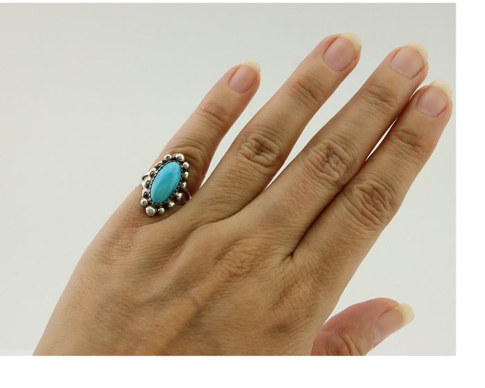 Navajo Ring 925 Silver Sleeping Beauty Turquoise Artist Signed SC C.80's