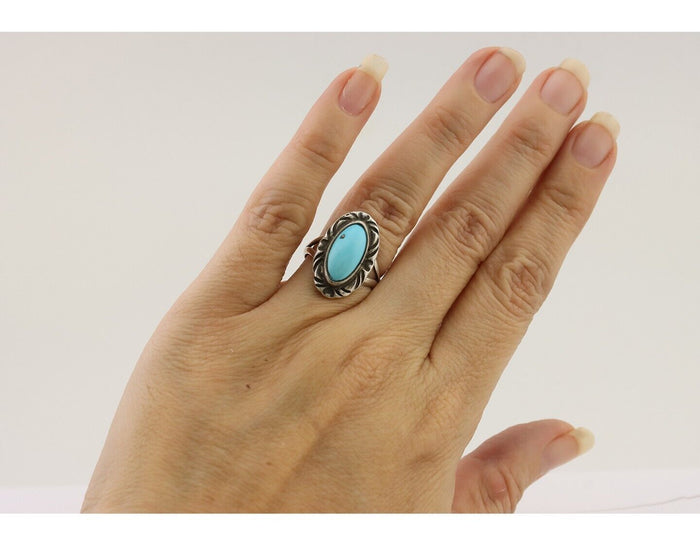 Navajo Ring 925 Silver Sleeping Beauty Turquoise Artist Signed SC C.80's
