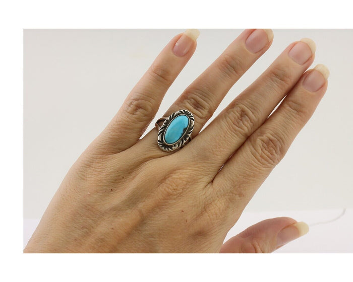 Navajo Ring 925 Silver Sleeping Beauty Turquoise Artist Signed SC C.80's