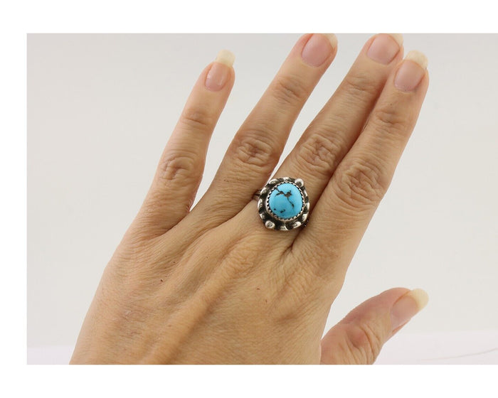 Navajo Ring 925 Silver Sleeping Beauty Turquoise Artist Signed SC C.80's