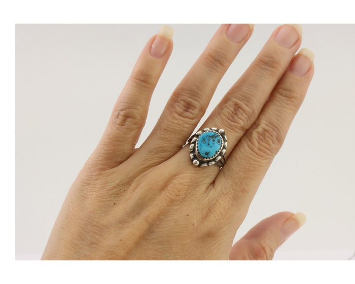 Navajo Ring 925 Silver Sleeping Beauty Turquoise Artist Signed SC C.80's