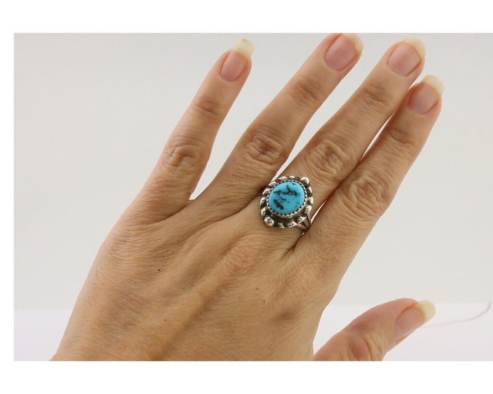 Navajo Ring 925 Silver Sleeping Beauty Turquoise Artist Signed SC C.80's