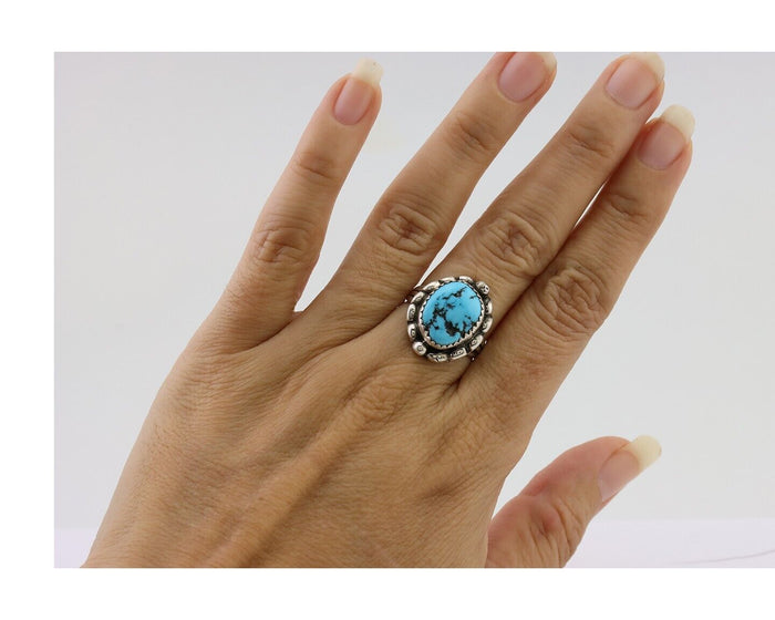Navajo Ring 925 Silver Sleeping Beauty Turquoise Artist Signed SC C.80's