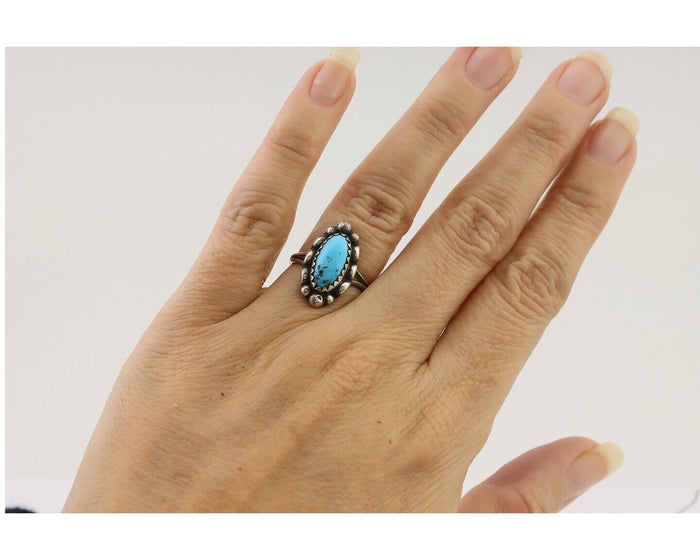 Navajo Ring 925 Silver Sleeping Beauty Turquoise Artist Signed SC C.80's