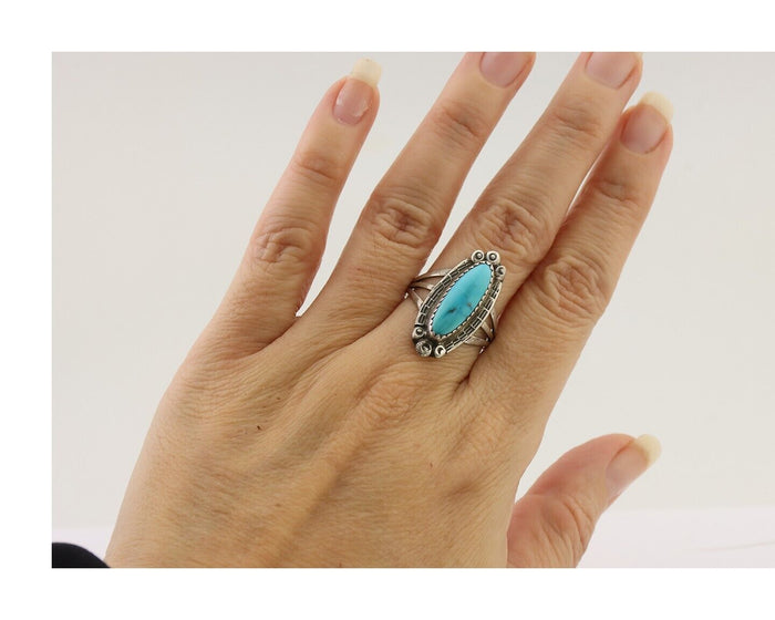 Navajo Ring 925 Silver Sleeping Beauty Turquoise Artist Signed SC C.80's