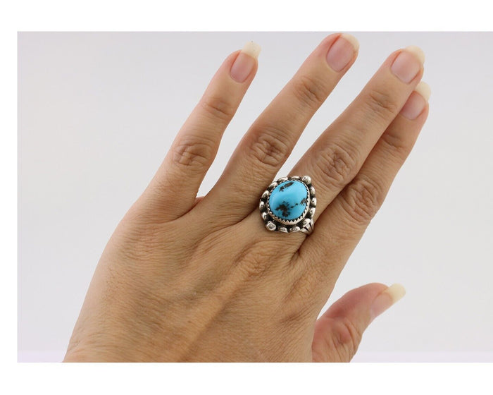 Navajo Ring 925 Silver Sleeping Beauty Turquoise Artist Signed SC C.80's