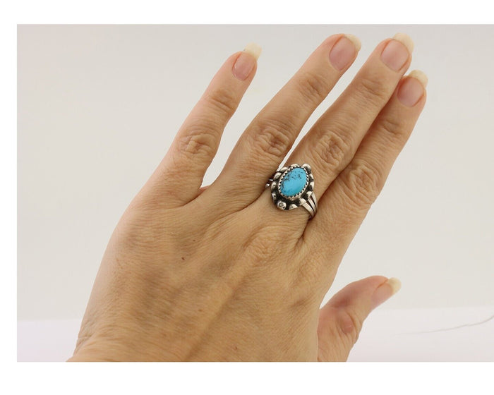Navajo Ring 925 Silver Sleeping Beauty Turquoise Artist Signed SC C.80's