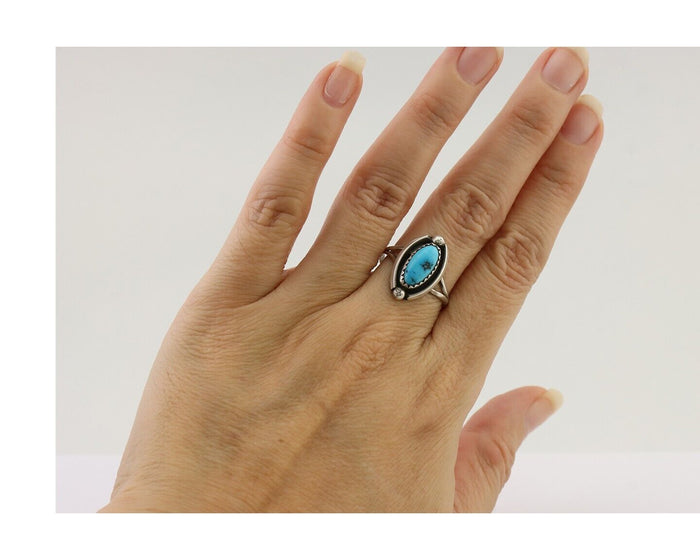 Navajo Ring 925 Silver Sleeping Beauty Turquoise Artist Signed SC C.80's