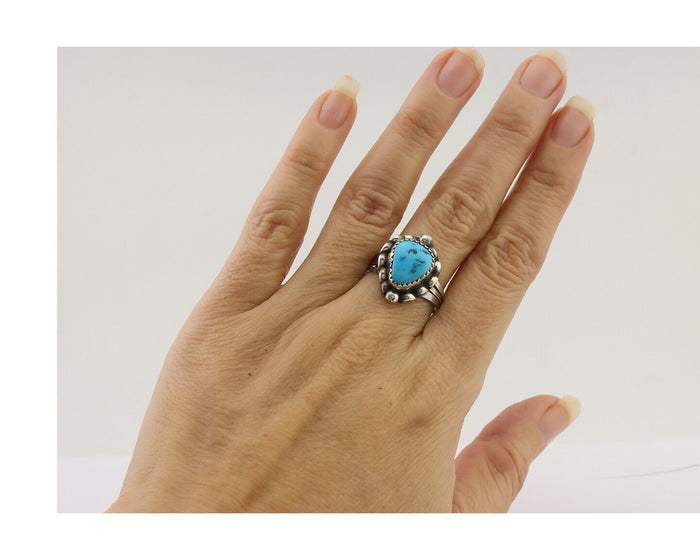 Navajo Ring 925 Silver Sleeping Beauty Turquoise Artist Signed SC C.80's
