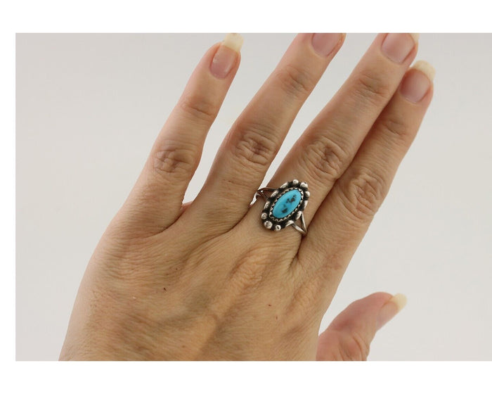 Navajo Ring 925 Silver Sleeping Beauty Turquoise Artist Signed SC C.80's