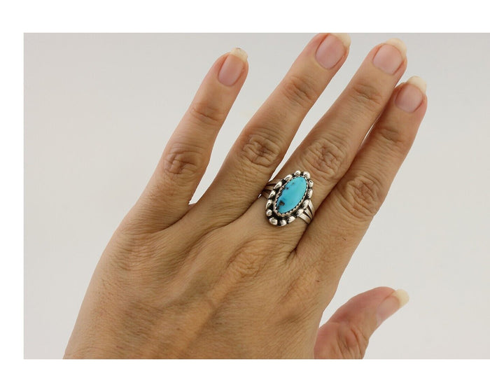 Navajo Ring 925 Silver Sleeping Beauty Turquoise Artist Signed SC C.80's