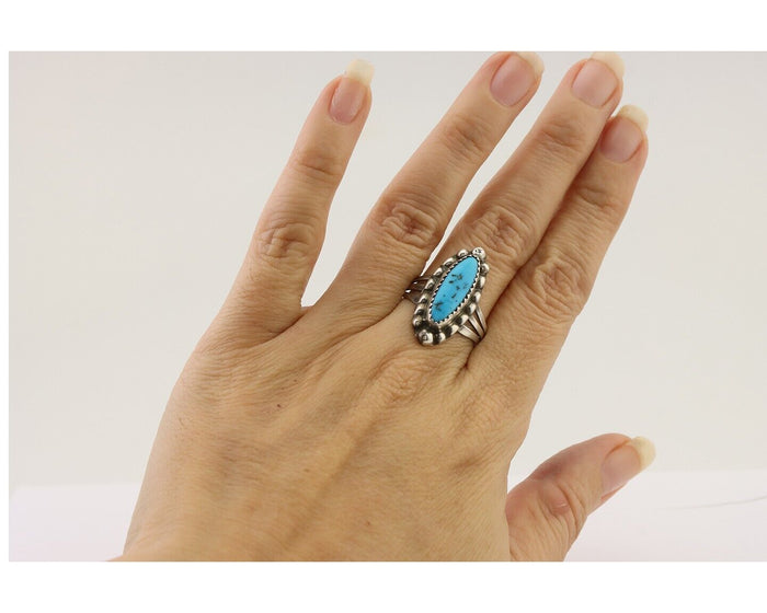 Navajo Ring 925 Silver Sleeping Beauty Turquoise Artist Signed SC C.80's