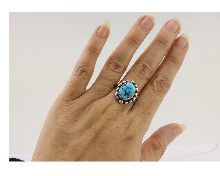 Navajo Ring 925 Silver Sleeping Beauty Turquoise Artist Signed SC C.80's