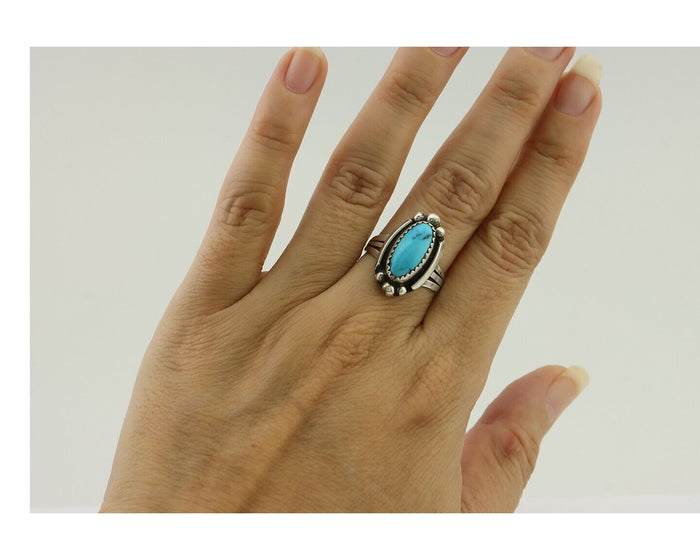 Navajo Ring 925 Silver Sleeping Beauty Turquoise Artist Signed SC C80s