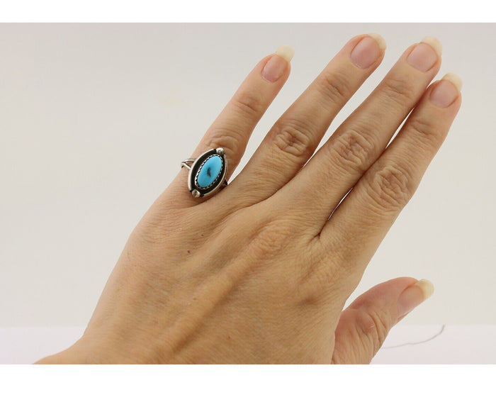 Navajo Ring 925 Silver Sleeping Beauty Turquoise Artist Signed SC C.80's