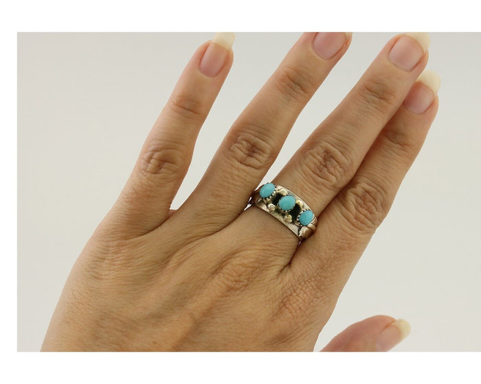 Navajo Ring 925 Silver Sleeping Beauty Turquoise Artist Signed WR C.80's
