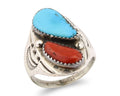 Navajo Ring 925 Silver Sleeping Beauty Turquoise & Coral Native Artist C.80s