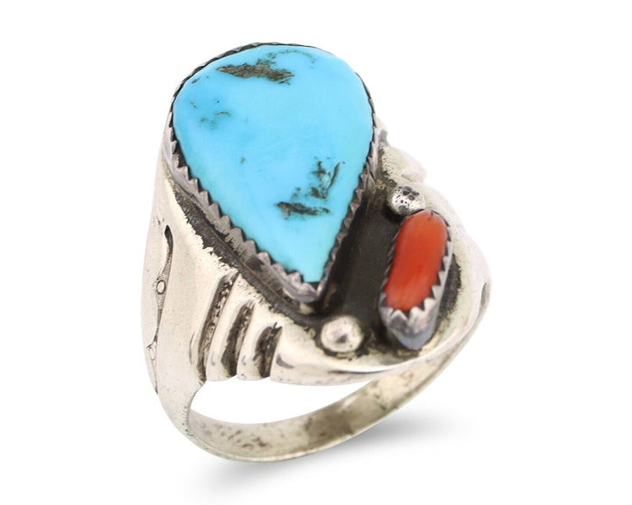 Navajo Ring 925 Silver Sleeping Beauty Turquoise & Coral Native Artist C.80s
