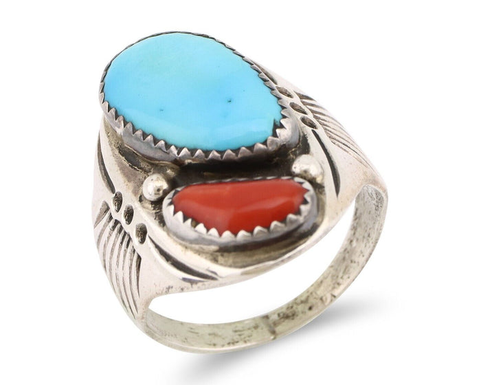 Navajo Ring 925 Silver Sleeping Beauty Turquoise & Coral Native Artist C.80s
