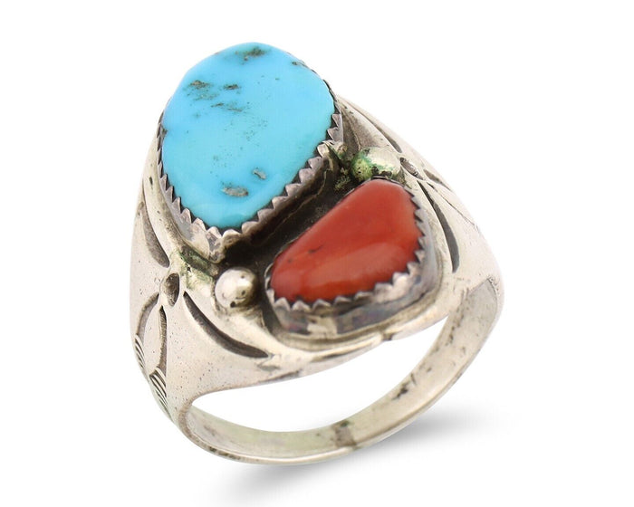 Navajo Ring 925 Silver Sleeping Beauty Turquoise & Coral Native Artist C.80s