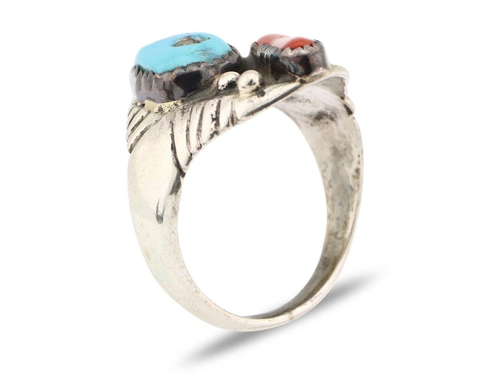 Navajo Ring 925 Silver Sleeping Beauty Turquoise & Coral Native Artist C.80s