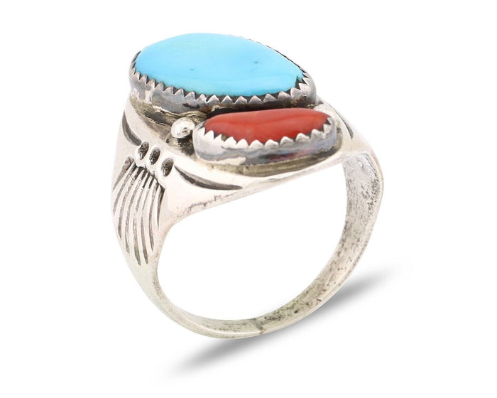 Navajo Ring 925 Silver Sleeping Beauty Turquoise & Coral Native Artist C.80s