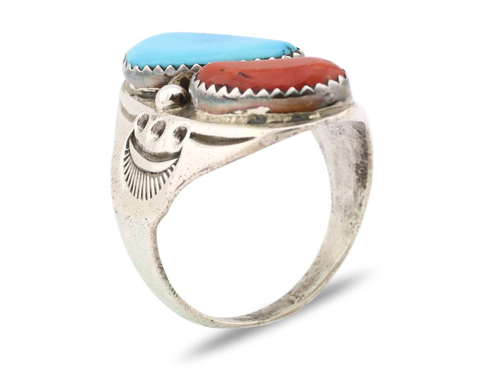 Navajo Ring 925 Silver Sleeping Beauty Turquoise & Coral Native Artist C.80s