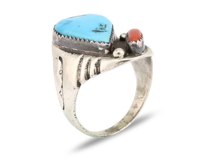 Navajo Ring 925 Silver Sleeping Beauty Turquoise & Coral Native Artist C.80s