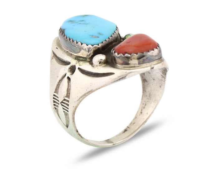 Navajo Ring 925 Silver Sleeping Beauty Turquoise & Coral Native Artist C.80s