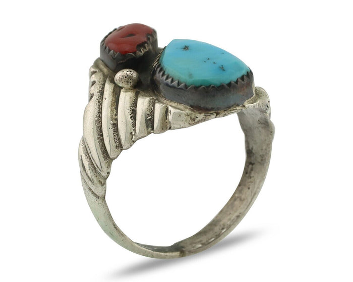 Navajo Ring 925 Silver Sleeping Beauty Turquoise & Coral Native Artist C.80s