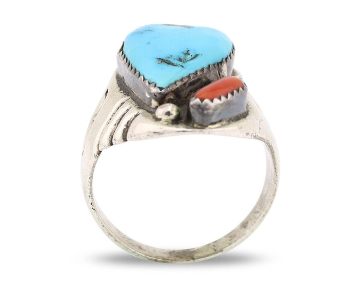 Navajo Ring 925 Silver Sleeping Beauty Turquoise & Coral Native Artist C.80s