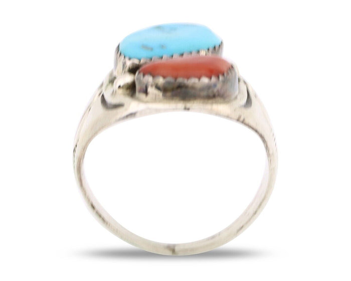 Navajo Ring 925 Silver Sleeping Beauty Turquoise & Coral Native Artist C.80s