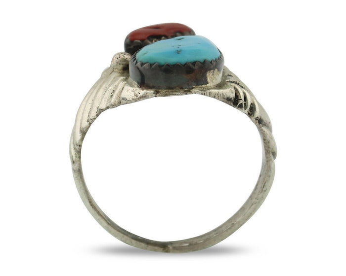 Navajo Ring 925 Silver Sleeping Beauty Turquoise & Coral Native Artist C.80s