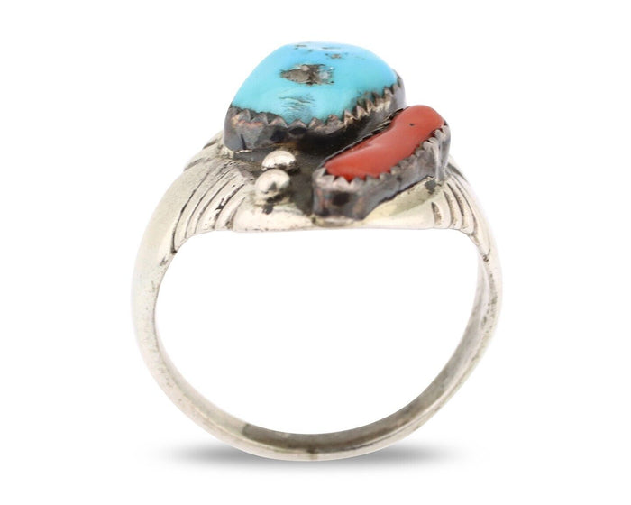 Navajo Ring 925 Silver Sleeping Beauty Turquoise & Coral Native Artist C.80s