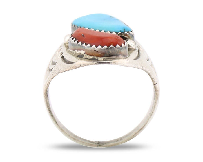 Navajo Ring 925 Silver Sleeping Beauty Turquoise & Coral Native Artist C.80s