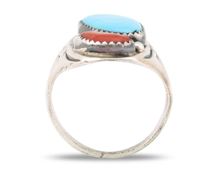 Navajo Ring 925 Silver Sleeping Beauty Turquoise & Coral Native Artist C.80s