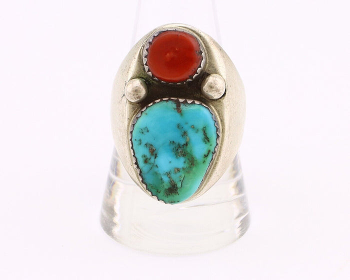 Navajo Ring 925 Silver Sleeping Beauty Turquoise & Coral Native Artist C.80s