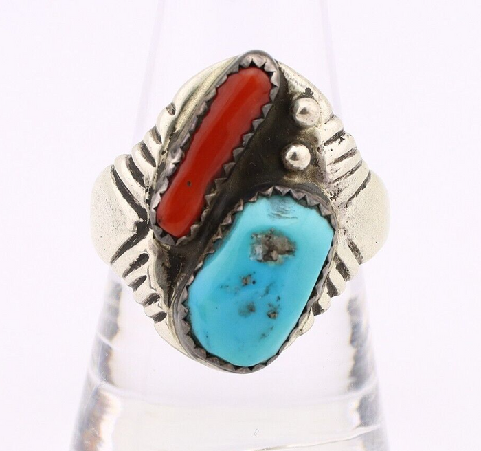 Navajo Ring 925 Silver Sleeping Beauty Turquoise & Coral Native Artist C.80s