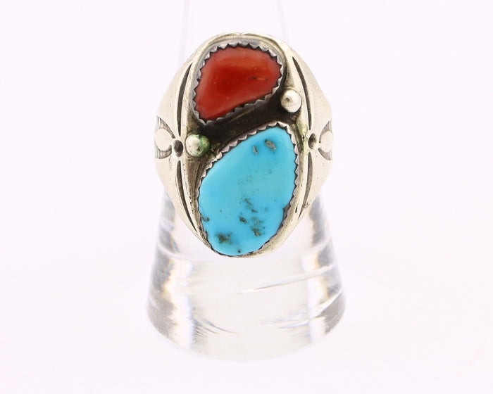 Navajo Ring 925 Silver Sleeping Beauty Turquoise & Coral Native Artist C.80s