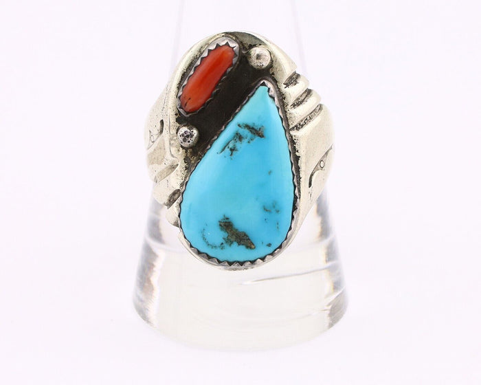 Navajo Ring 925 Silver Sleeping Beauty Turquoise & Coral Native Artist C.80s