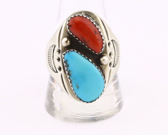 Navajo Ring 925 Silver Sleeping Beauty Turquoise & Coral Native Artist C.80s