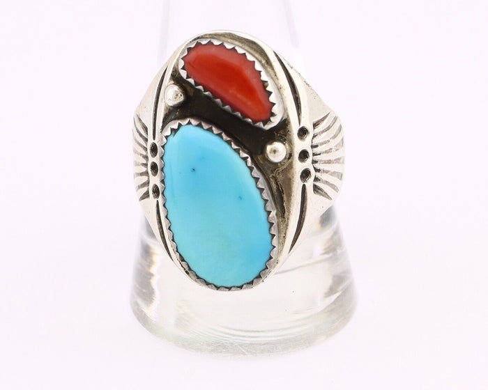 Navajo Ring 925 Silver Sleeping Beauty Turquoise & Coral Native Artist C.80s
