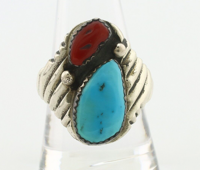 Navajo Ring 925 Silver Sleeping Beauty Turquoise & Coral Native Artist C.80s