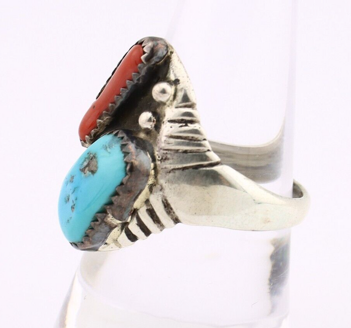 Navajo Ring 925 Silver Sleeping Beauty Turquoise & Coral Native Artist C.80s