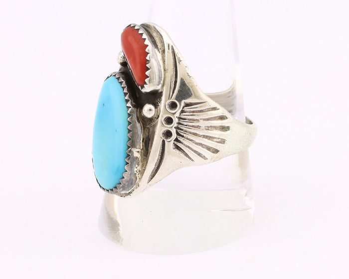 Navajo Ring 925 Silver Sleeping Beauty Turquoise & Coral Native Artist C.80s